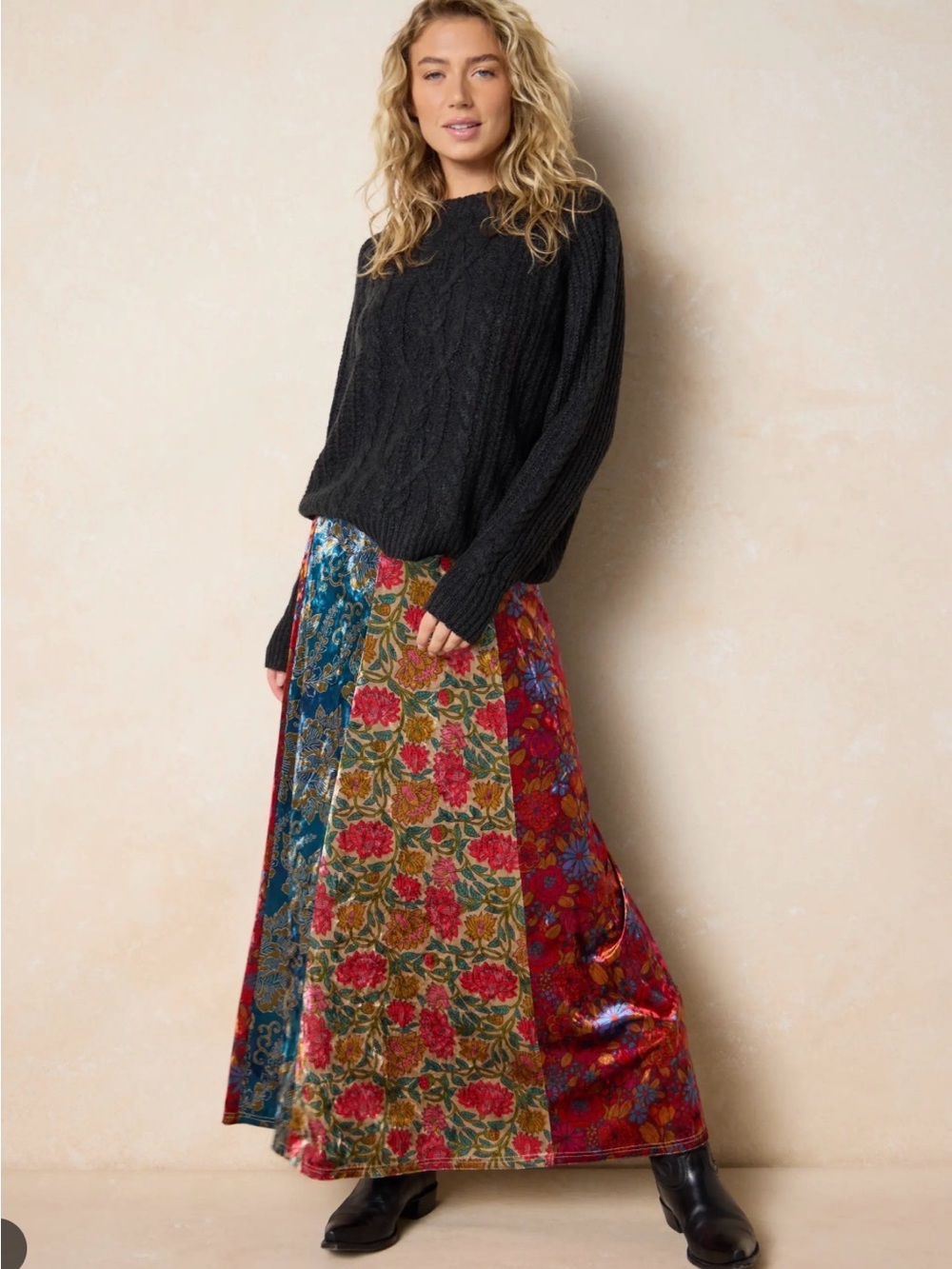 NWT NATURAL LIFE Velvet Multicolor Floral Boho Tiered Maxi Skirt Womens XL